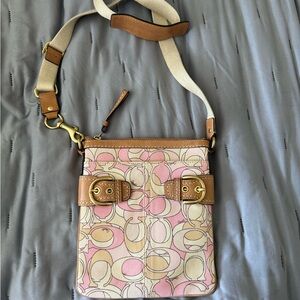Coach Signature Pink and Tan Crossbody Bag with Gold Hardware
